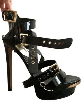 DSQUARED2 Black Leather Strappy Heels Gold Block Heel Made in Italy EU 40